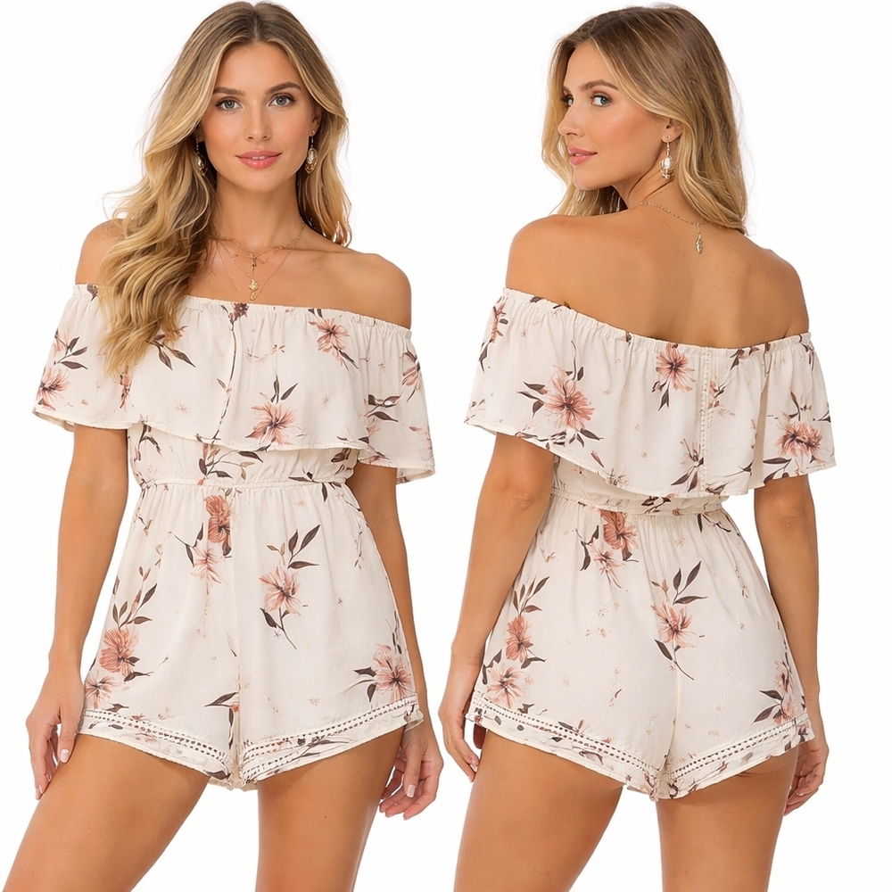 TOBI Romper Womens Medium Cream Pink Floral Off Shoulder Ruffle Boho Festival